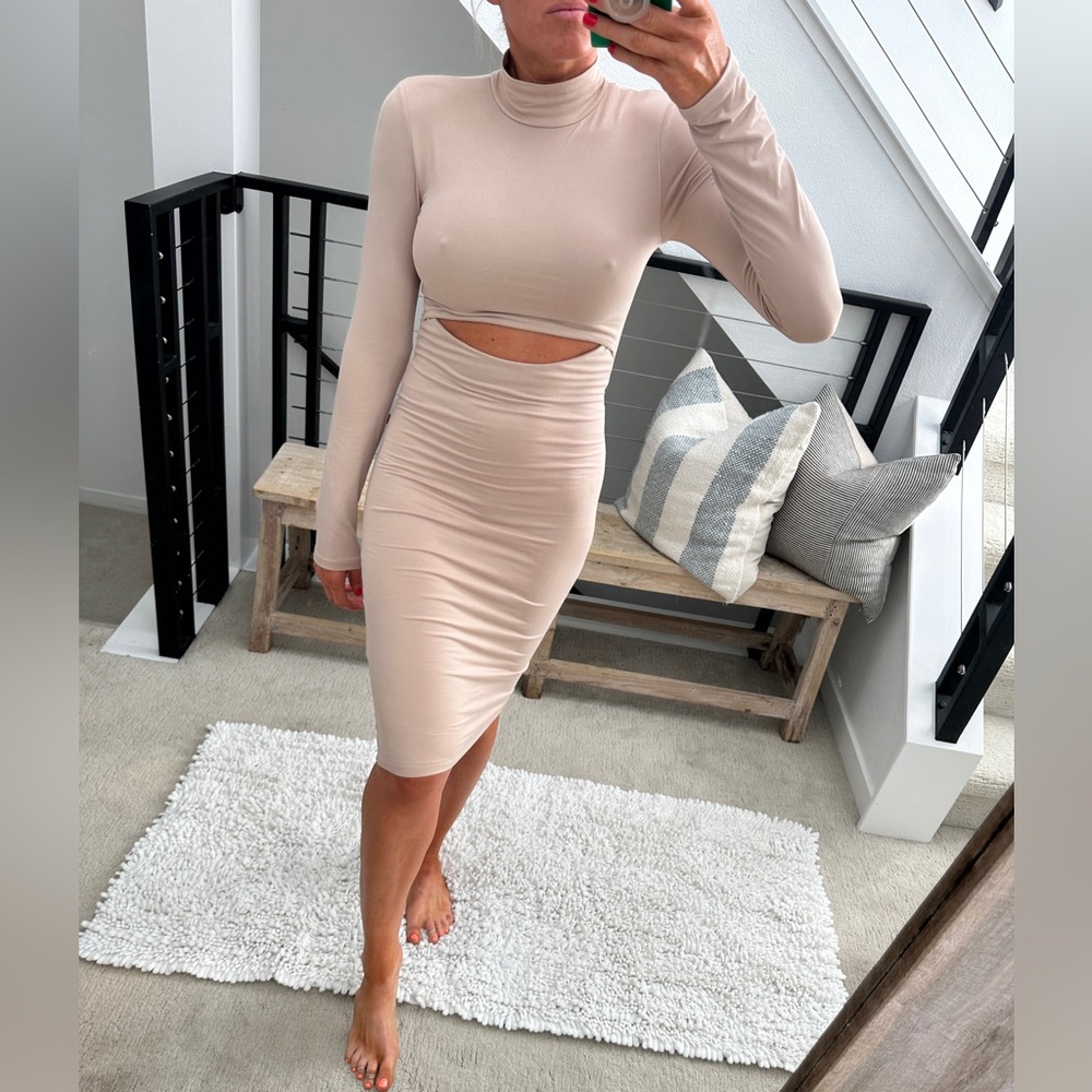 Forever 21 Taupe Turtleneck Cutout Long Sleeve Bodycon Midi Dress | NWOT Size S
